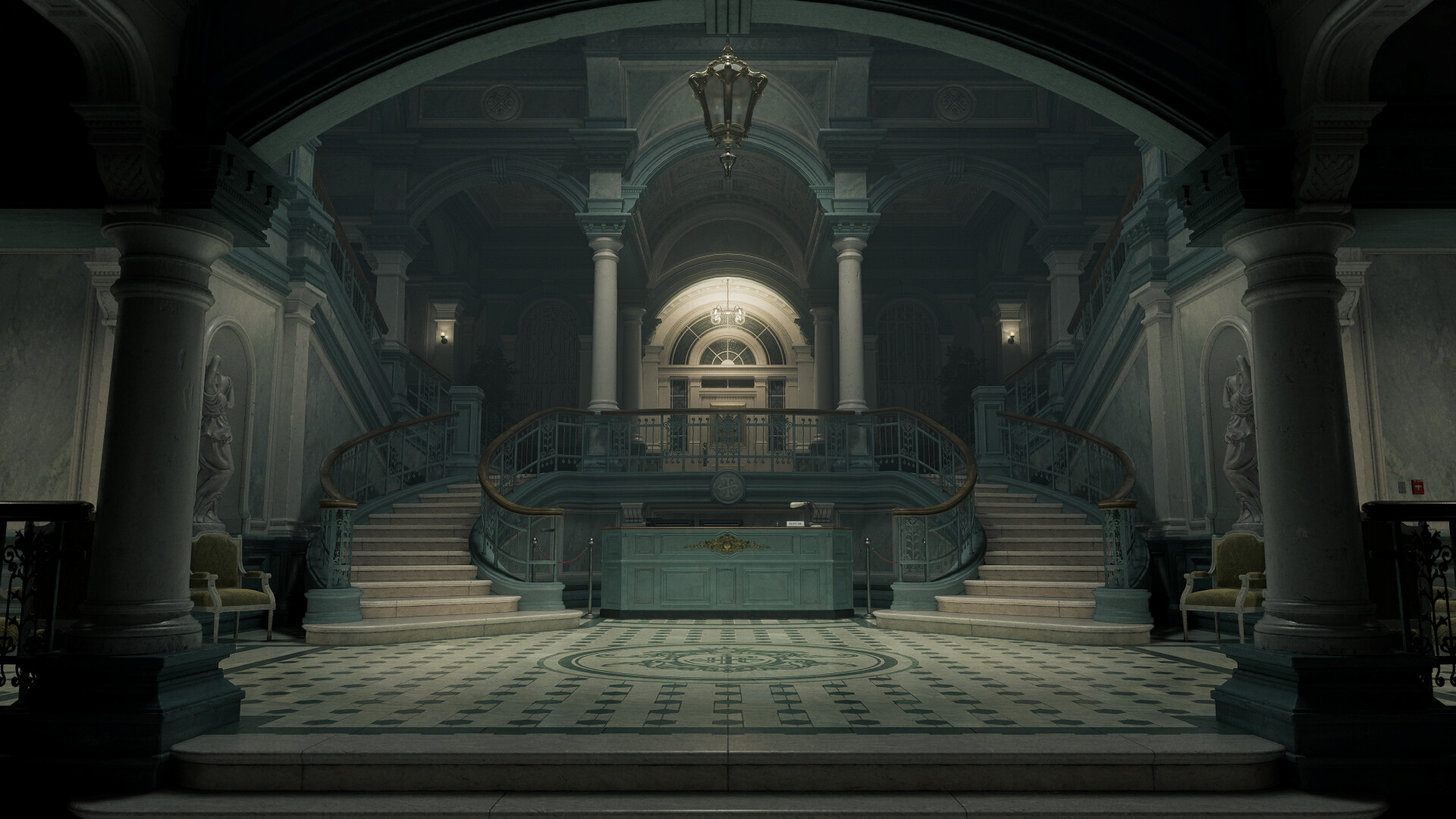 Resident Evil Requiem - gran vestíbulo con escalera central y columnas - Juegosrpg.com