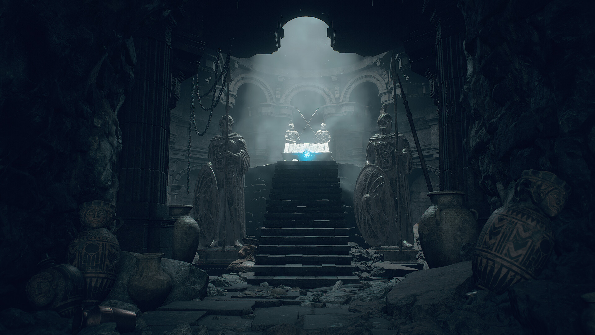 Dragon's Dogma 2 - escalera de piedra entre estatuas en una mazmorra de los Ritos Perdidos - Juegosrpg.com