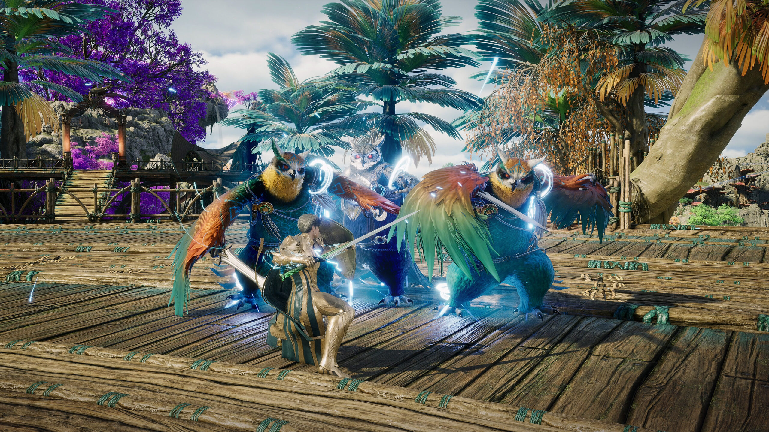 Aion 2 - un personaje frente a dos criaturas gigantes con aspecto de ave en un muelle de madera - Juegosrpg.com