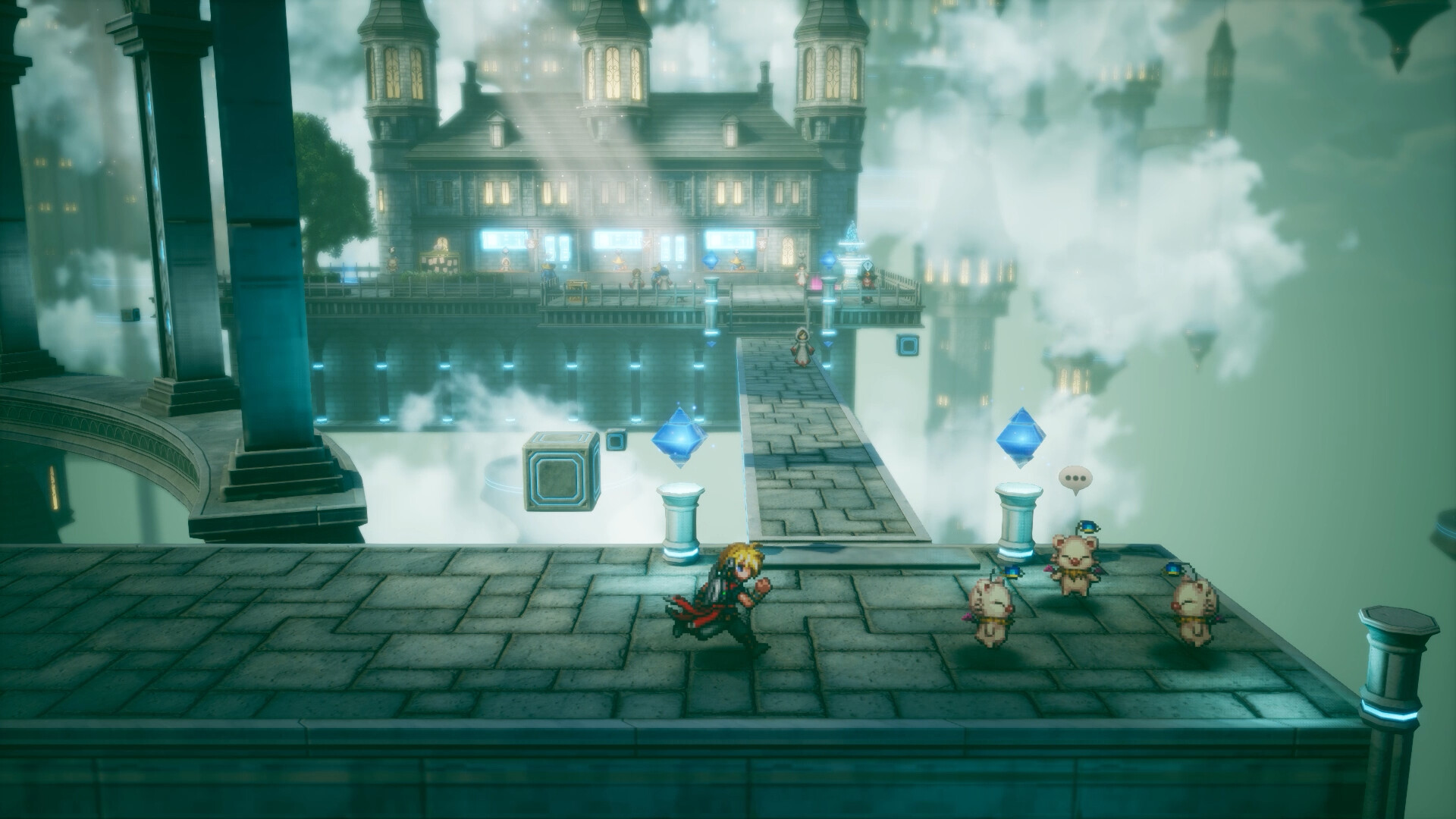Final Fantasy Resonance - personajes sobre una azotea en una ciudad HD-2D - Juegosrpg.com
