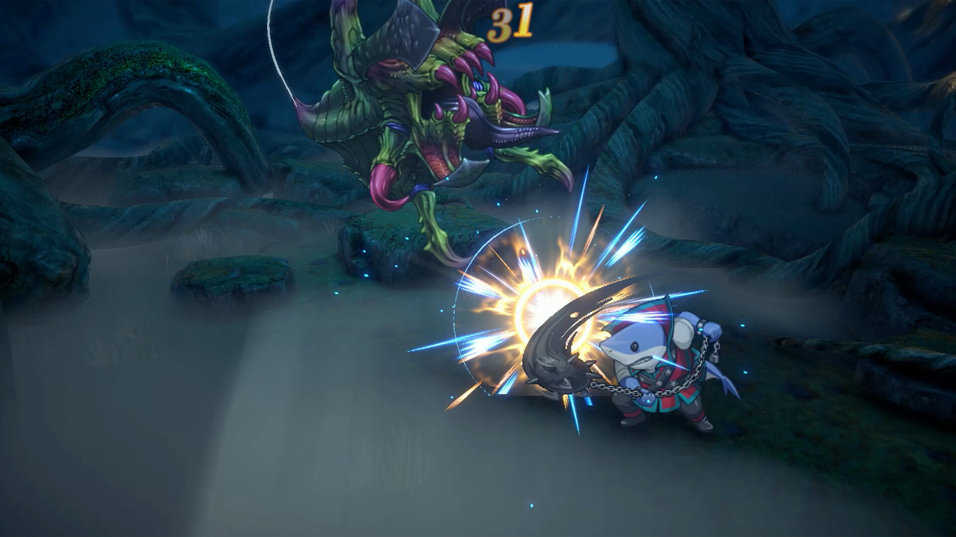 Eiyuden Chronicle Hundred Heroes - combate por turnos contra una criatura monstruosa - Juegosrpg.com