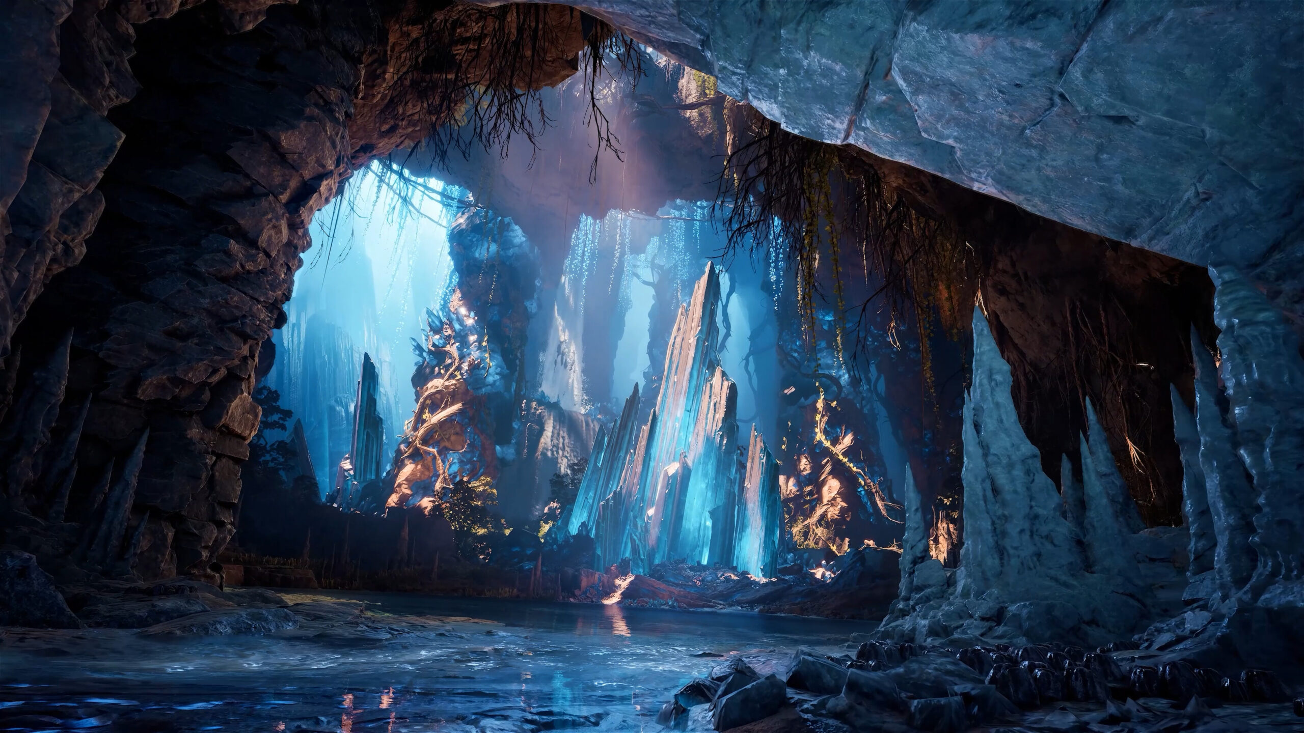 Aion 2 - cueva de cristales iluminada de azul con un lago en el suelo - Juegosrpg.com