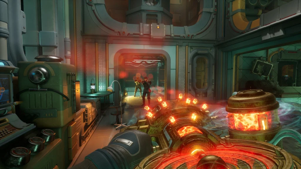 The Outer Worlds 2 - interior de una nave con armas y luces rojas en Arcadia - Juegosrpg.com