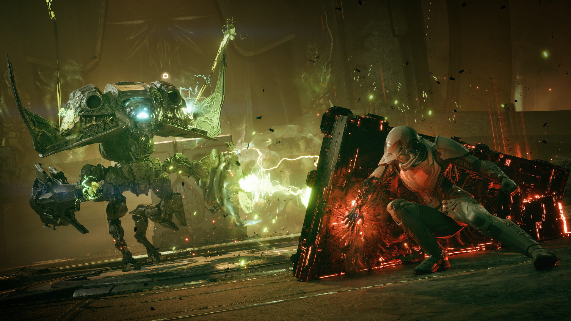 Exodus - escena de combate entre un mecha de cuatro patas y un enemigo tras un escudo - Juegosrpg.com
