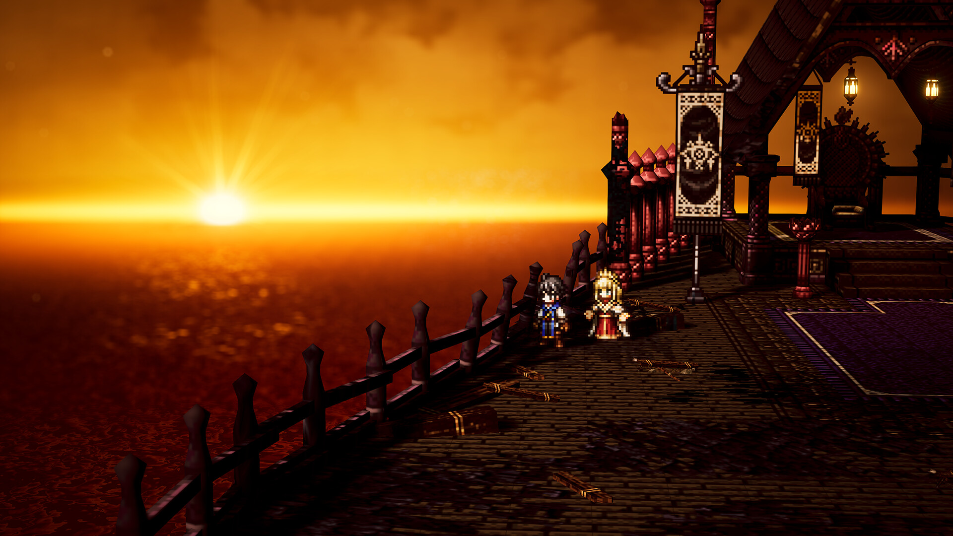 Octopath Traveler 0 - Atardecer en una terraza frente al mar con dos personajes - Juegosrpg.com