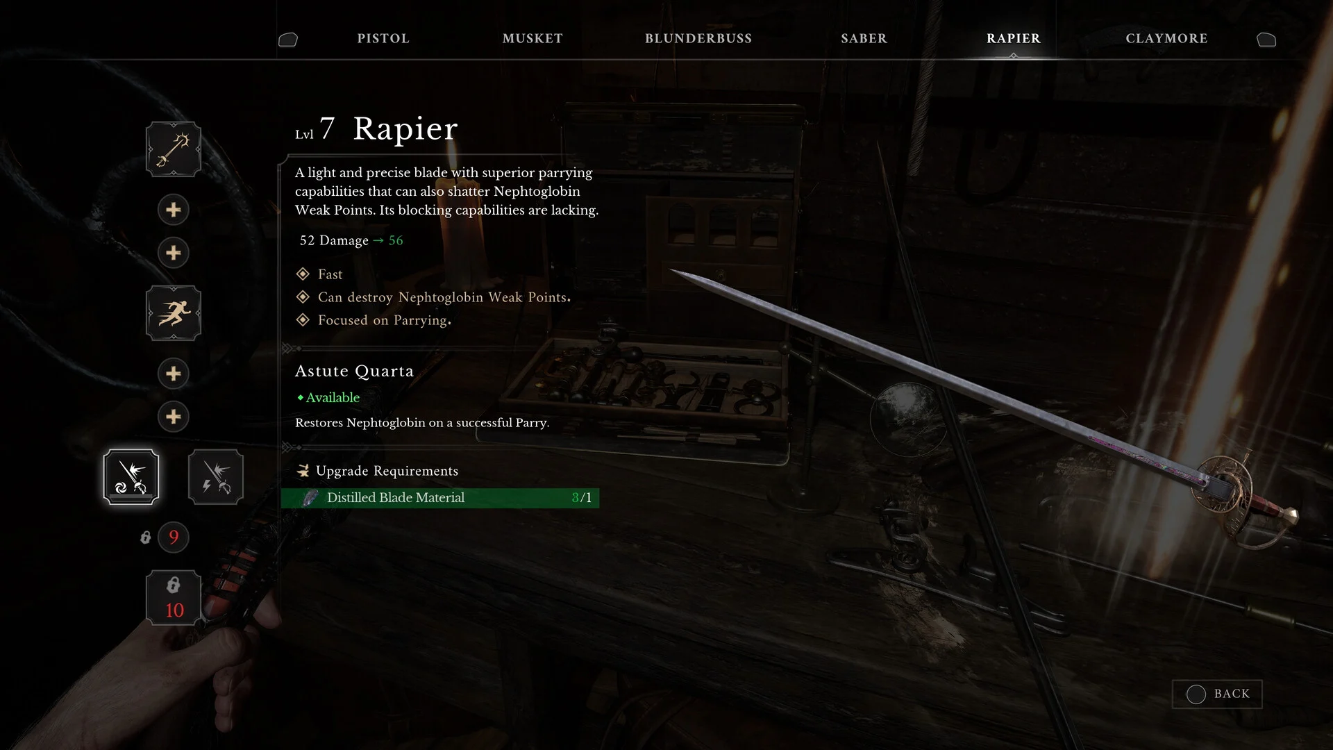 Valor Mortis - menu de mejora del estoque con su habilidad Astute Quarta - Juegosrpg.com