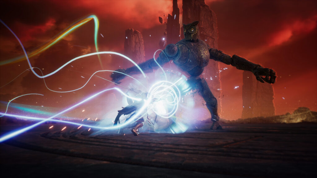 Aion 2 - Daeva lanzando un ataque de energía contra un gólem gigante de piedra - Juegosrpg.com