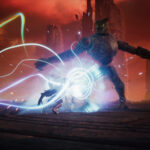 Aion 2 - Daeva lanzando un ataque de energía contra un gólem gigante de piedra - Juegosrpg.com