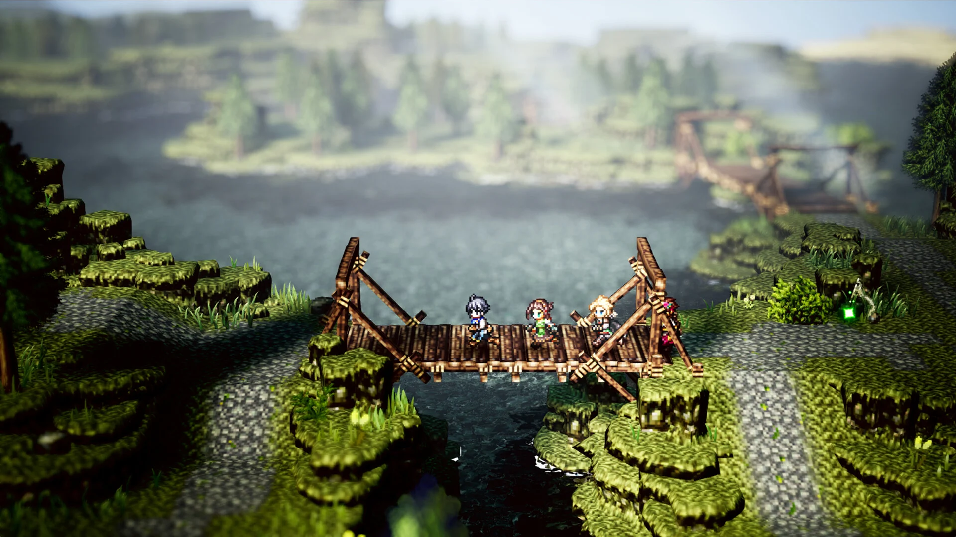 Octopath Traveler 0 - El grupo cruzando un puente de madera sobre un río - Juegosrpg.com