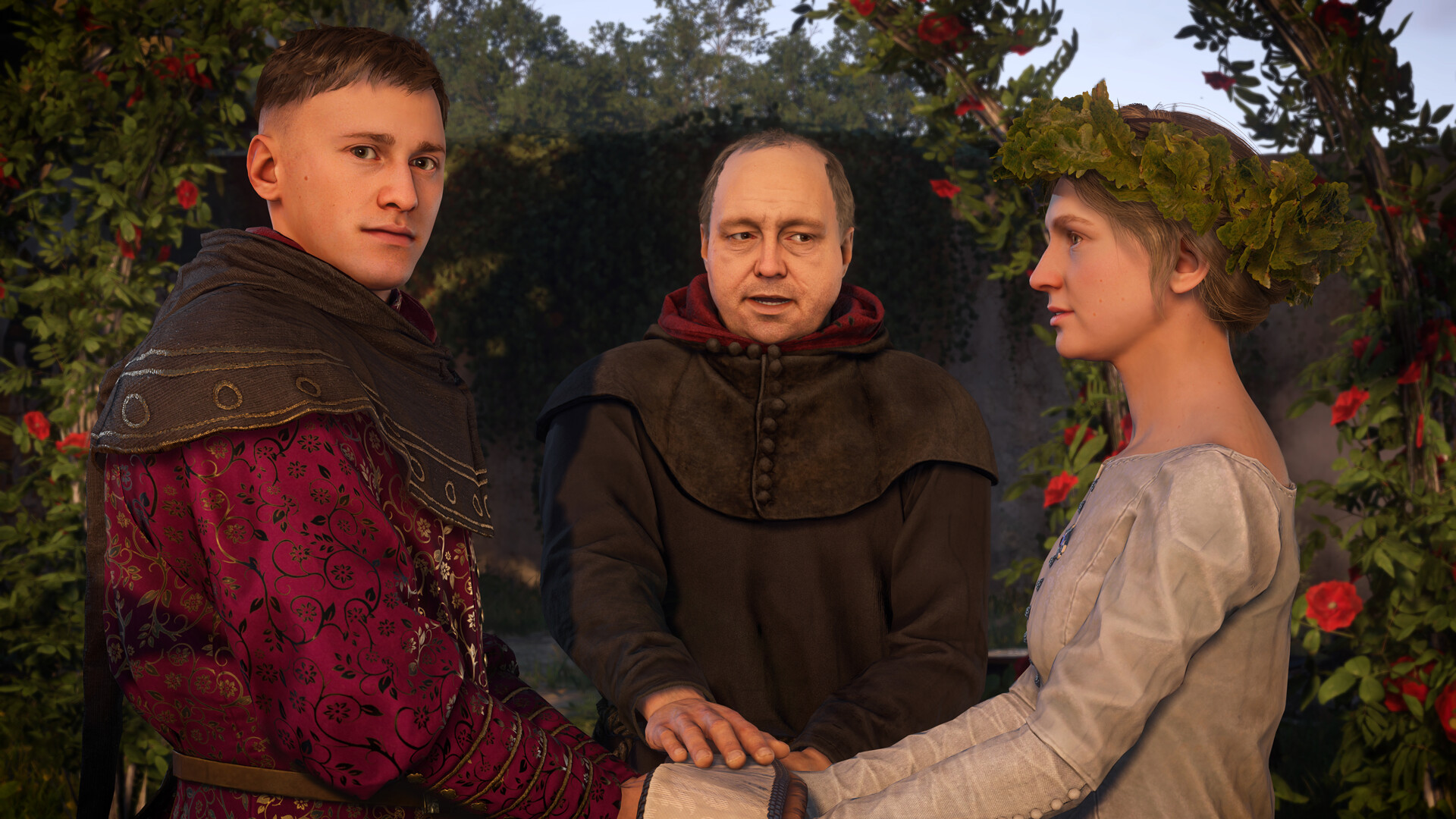 Kingdom Come Deliverance 2 - un sacerdote une las manos de una pareja en una boda al aire libre - Juegosrpg.com