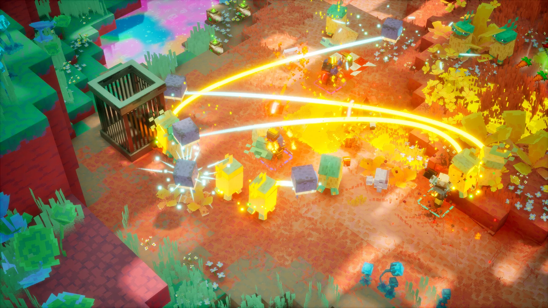 Minecraft Dungeons II - ataque dorado contra un grupo de enemigos en un bioma rojo - Juegosrpg.com