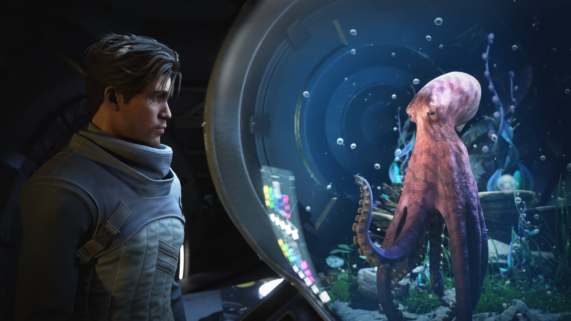 Exodus - un tripulante observa a un pulpo dentro de un tanque a bordo de una nave - Juegosrpg.com