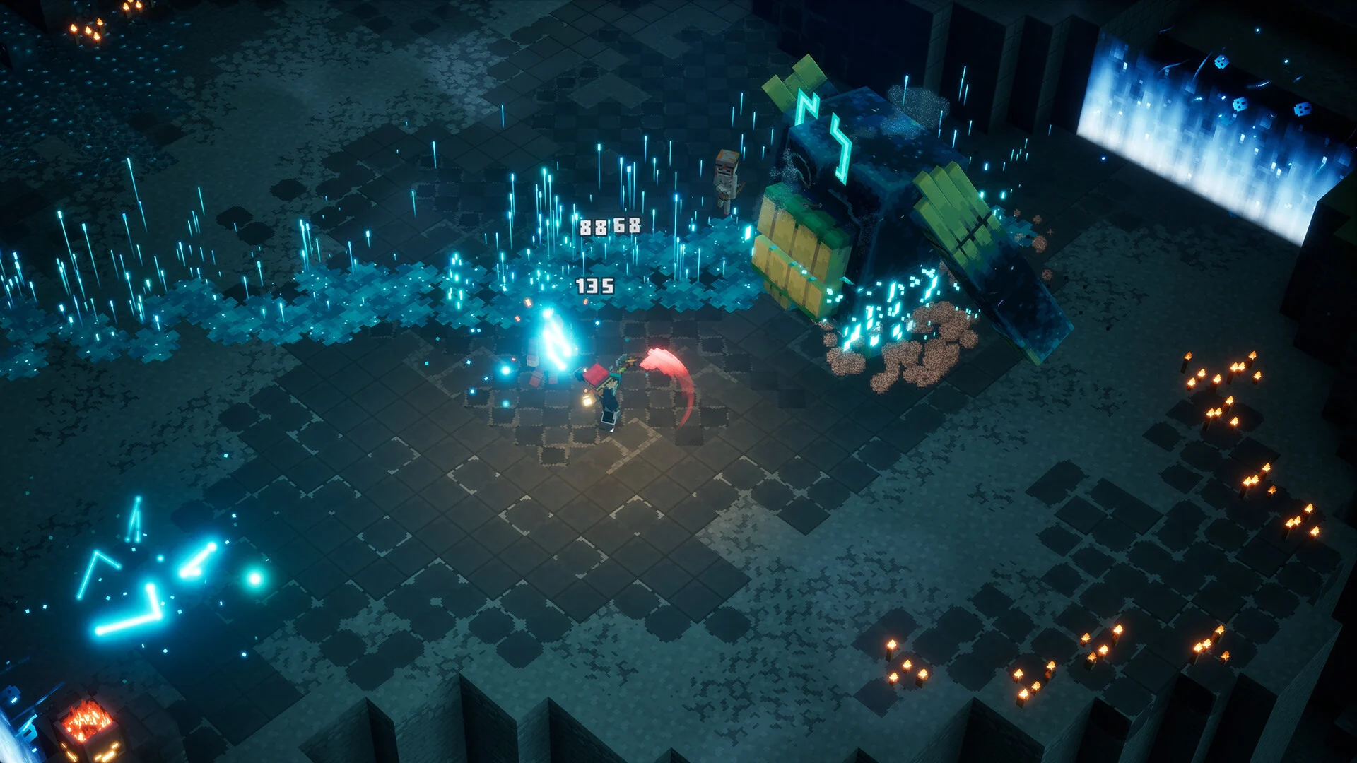 Minecraft Dungeons II - héroe combatiendo en una zona oscura llena de partículas azules - Juegosrpg.com