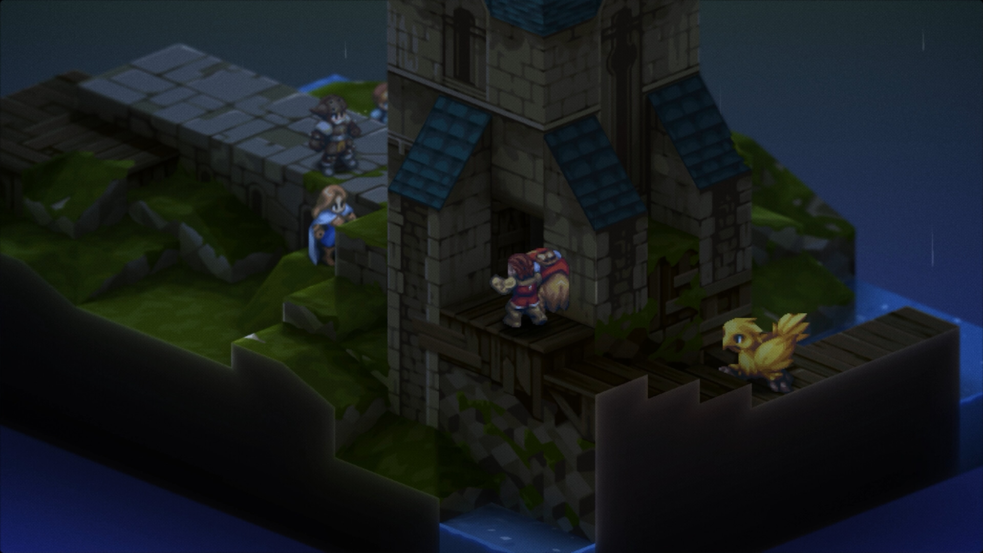 Final Fantasy Tactics The Ivalice Chronicles - torre bajo la lluvia con un chocobo en el mapa - Juegosrpg.com