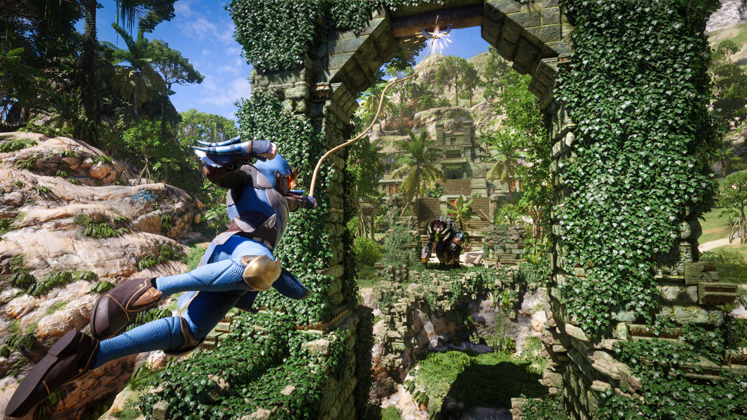 Enshrouded - aventurero saltando a traves de un arco de piedra cubierto de hiedra - Juegosrpg.com