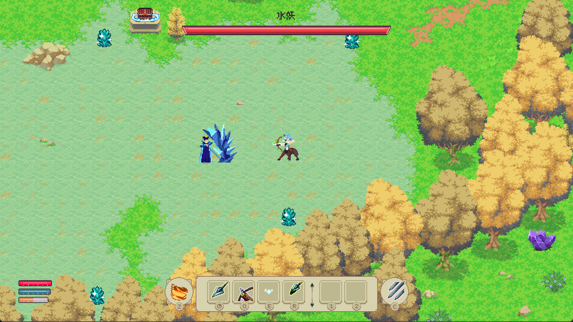 Vida de Aventurero - combate en un claro de bosque otoñal con la barra de vida del enemigo - Juegosrpg.com