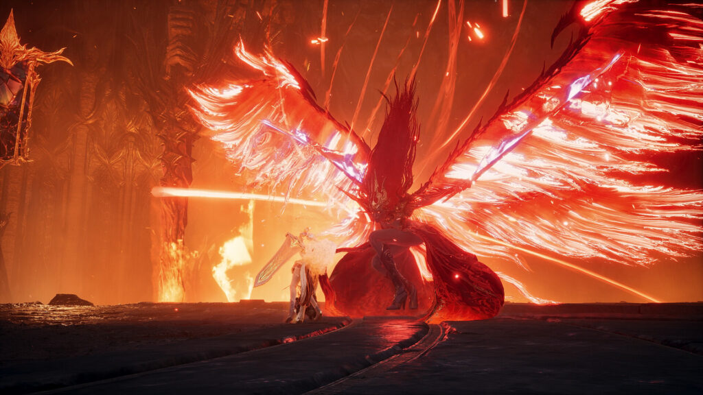 AION 2 - Daeva con alas de fuego desplegadas en pleno combate - Juegosrpg.com