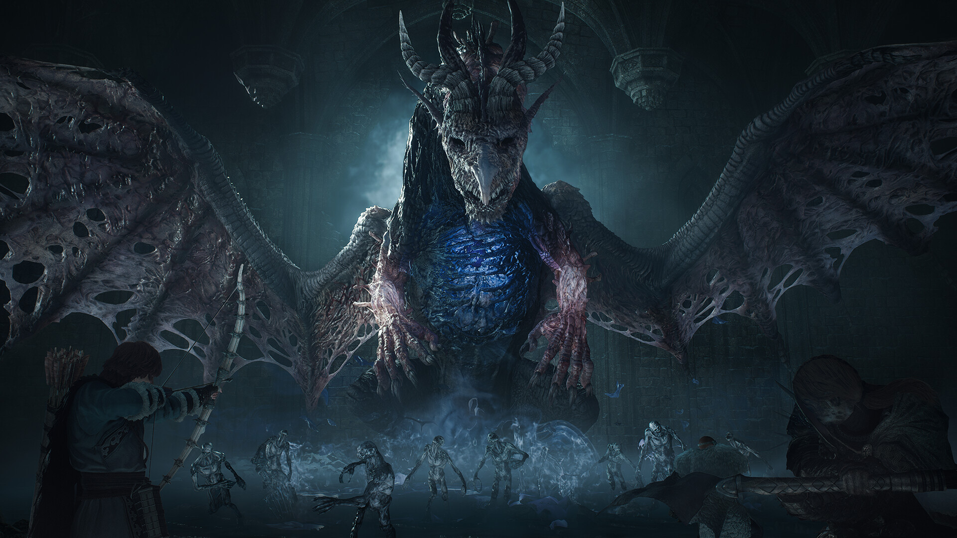 Dragon's Dogma 2 - dragón de alas membranosas con un núcleo azul brillante ante varios personajes - Juegosrpg.com