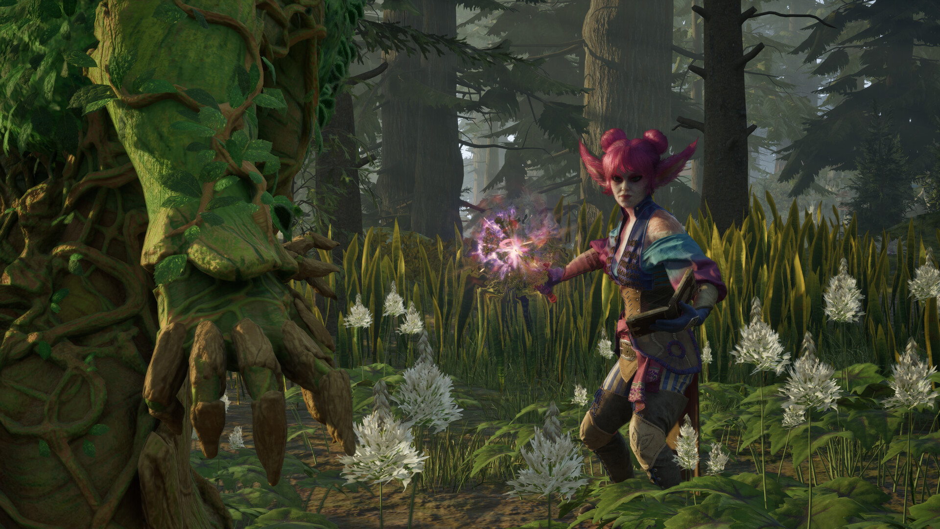 Avowed - mujer de pelo rosa lanzando un hechizo en un bosque junto a una criatura vegetal gigante - Juegosrpg.com