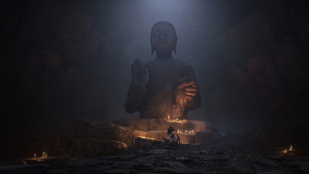 Wuchang Fallen Feathers - estatua gigante de Buda en una cueva iluminada por velas - Juegosrpg.com