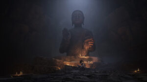 Wuchang Fallen Feathers - estatua gigante de Buda en una cueva iluminada por velas - Juegosrpg.com