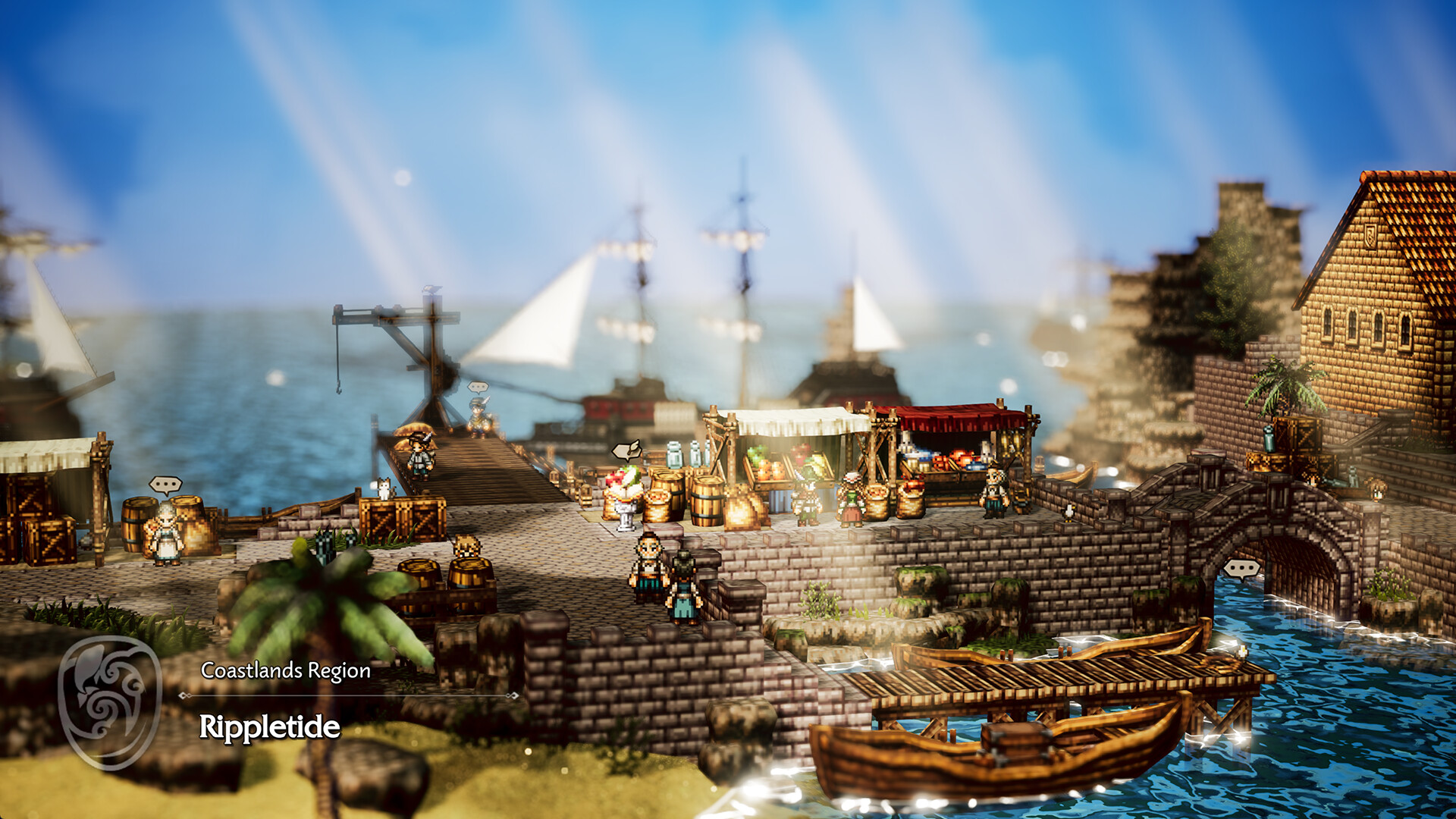 Octopath Traveler 0 - Puerto con barcos y rayos de luz sobre el mar - Juegosrpg.com