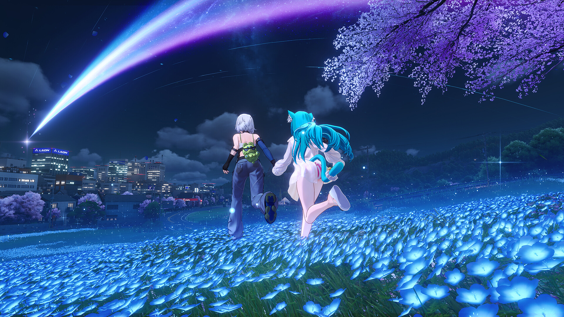 Neverness to Everness - dos personajes corriendo por un campo de flores azules bajo un cometa nocturno - Juegosrpg.com