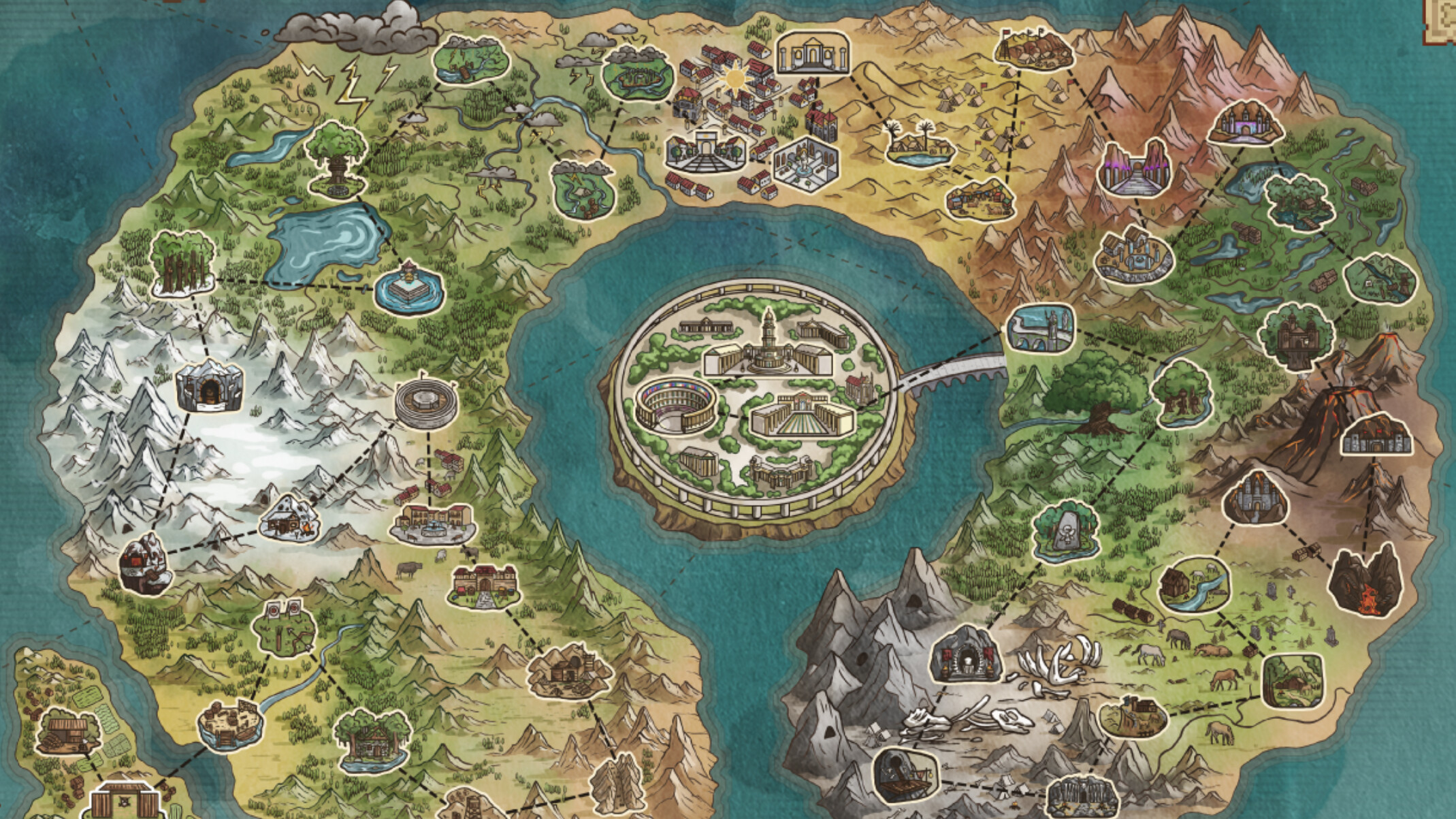 Duelist: Idle Expedition - mapa ilustrado del Continente con las regiones y ciudades que recorre tu gremio - Juegosrpg.com