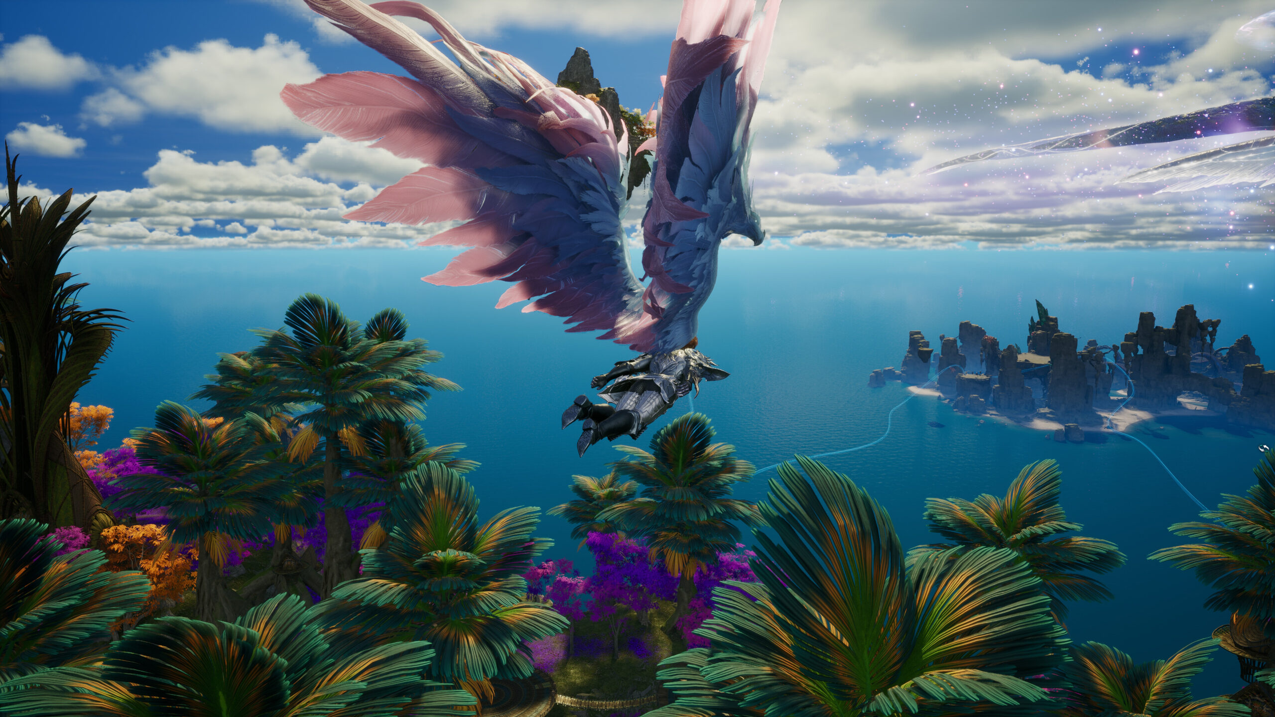 Aion 2 - un Daeva planeando con alas sobre un mar azul y una isla - Juegosrpg.com