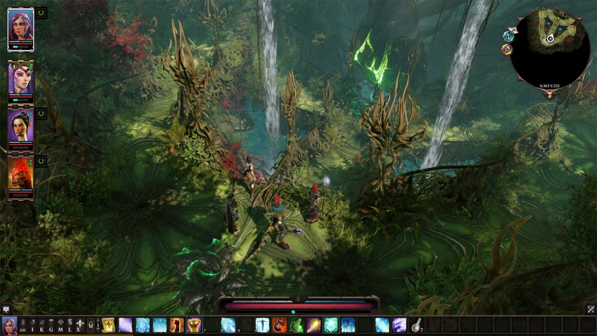 Divinity Original Sin 2 - grupo de cuatro personajes explorando una zona de vegetación densa - Juegosrpg.com