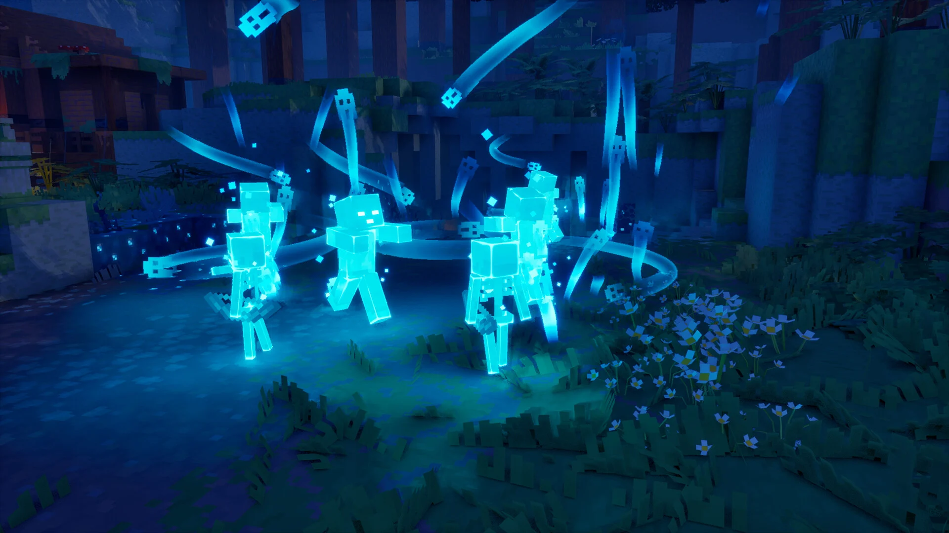 Minecraft Dungeons II - esqueletos espectrales azules en un bosque nocturno - Juegosrpg.com