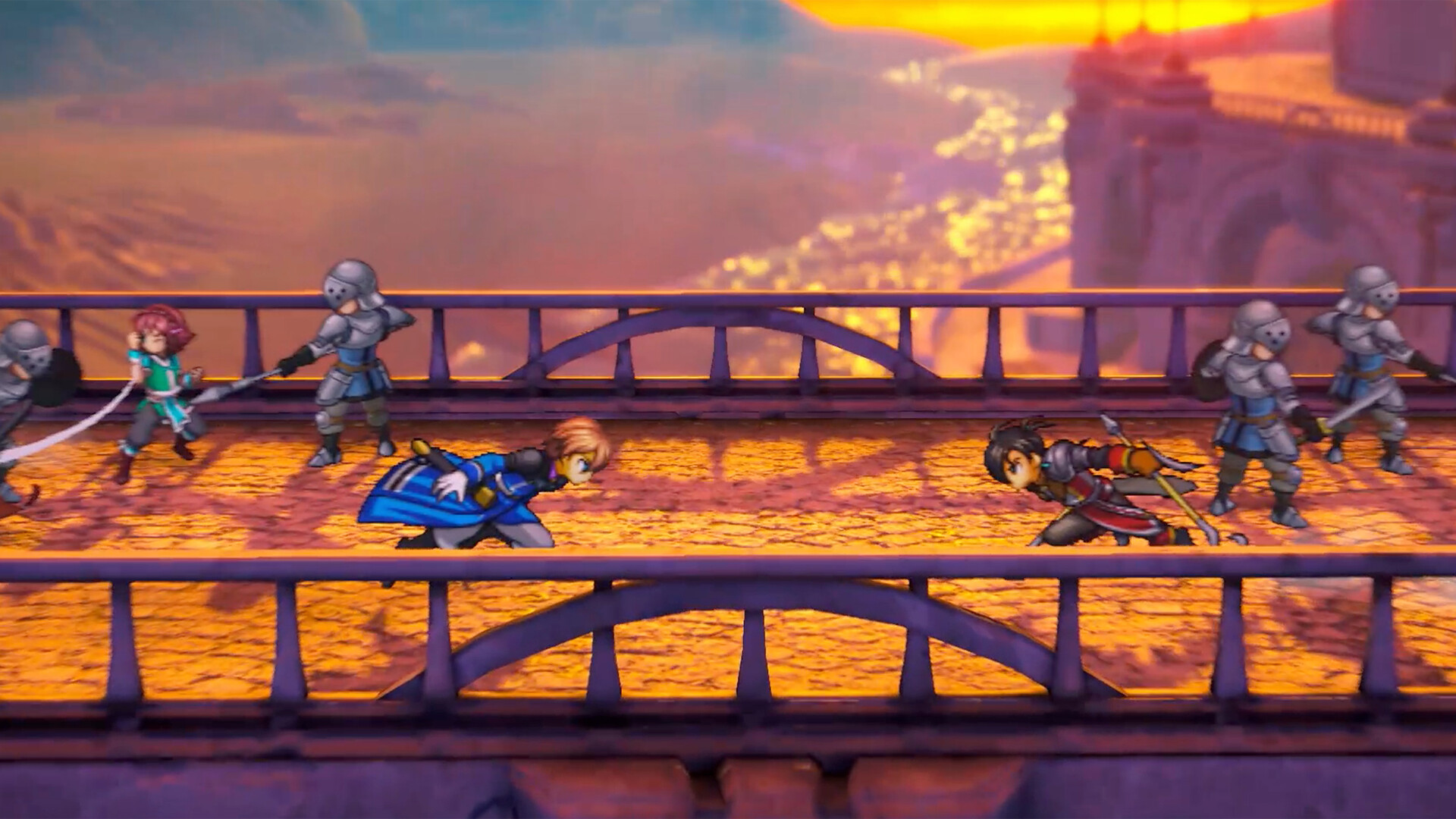 Eiyuden Chronicle Hundred Heroes - combate en un puente contra soldados con dos protagonistas - Juegosrpg.com
