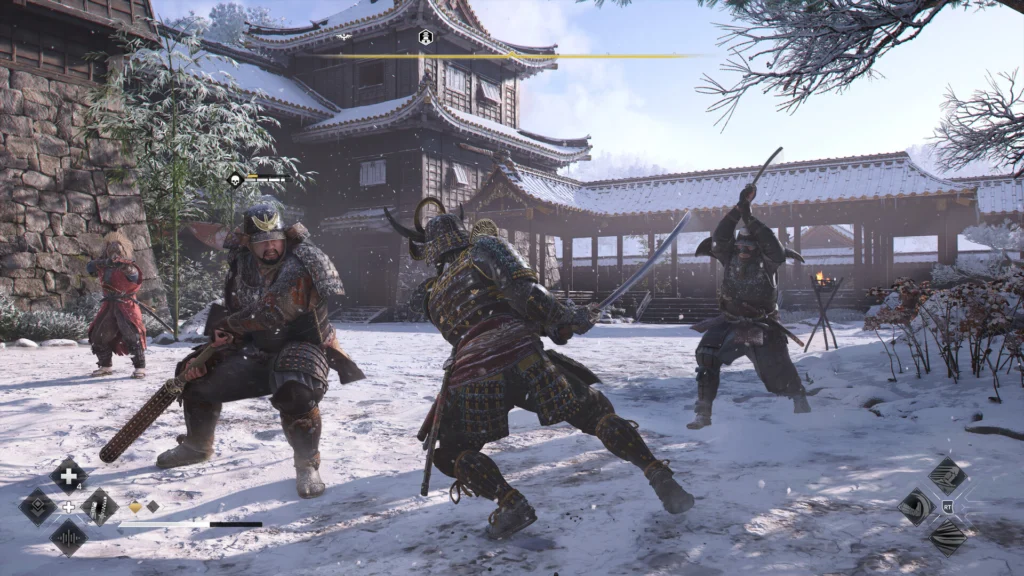 Assassin's Creed Shadows - Yasuke combatiendo contra samuráis en un castillo nevado - Juegosrpg.com