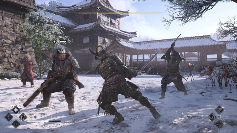 Assassin's Creed Shadows - Yasuke combatiendo contra samuráis en un castillo nevado - Juegosrpg.com