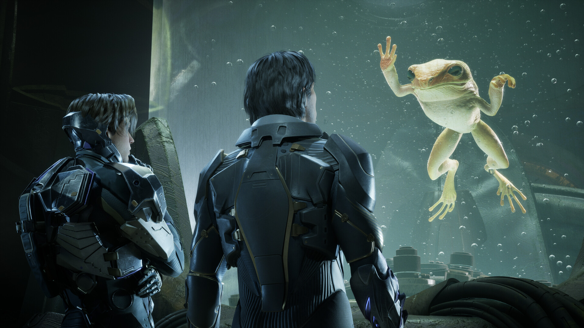 Exodus - dos personajes observan una rana flotando dentro de una cámara de cristal - Juegosrpg.com