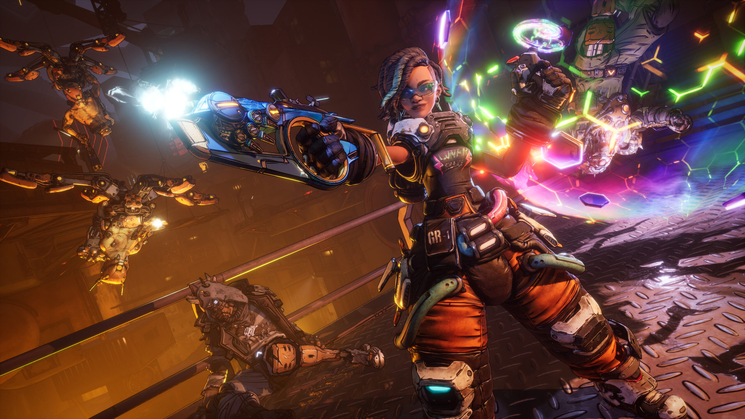 Borderlands 4 - un Buscacaballeros dispara un arma elemental contra un grupo de enemigos - Juegosrpg.com