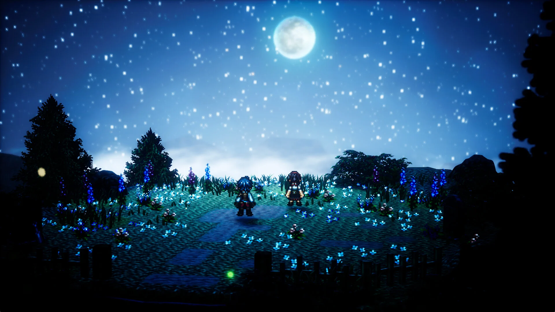 Octopath Traveler 0 - Dos personajes en un prado bajo la luna llena - Juegosrpg.com