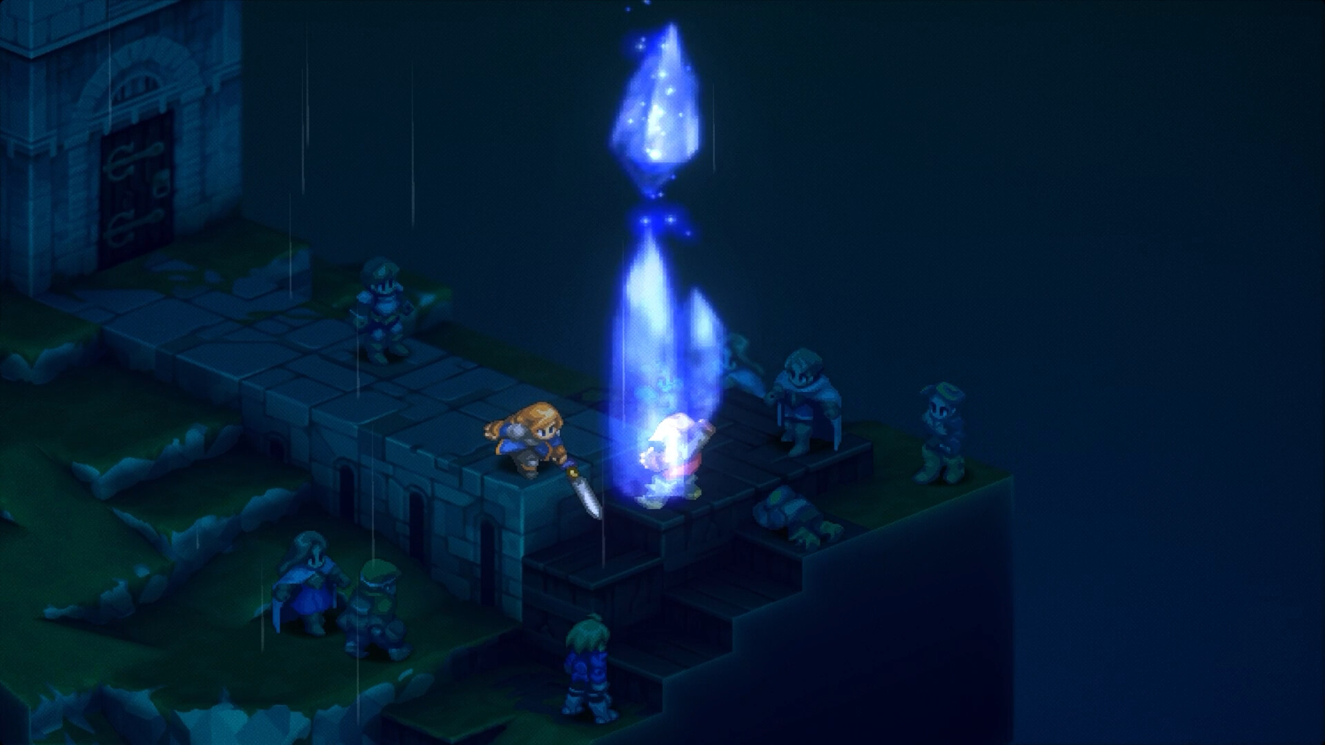 Final Fantasy Tactics The Ivalice Chronicles - hechizo azul sobre un puente bajo la lluvia - Juegosrpg.com