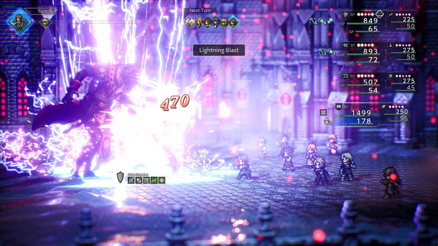Octopath Traveler 0 - Combate contra un enemigo con ataque de rayo violeta - Juegosrpg.com