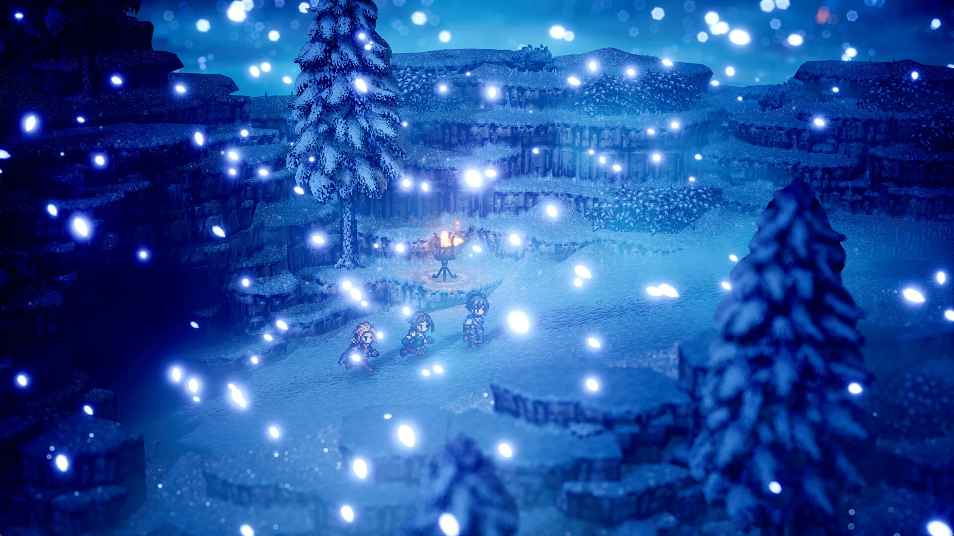 Octopath Traveler 0 - El grupo avanzando por un paraje nevado de noche - Juegosrpg.com