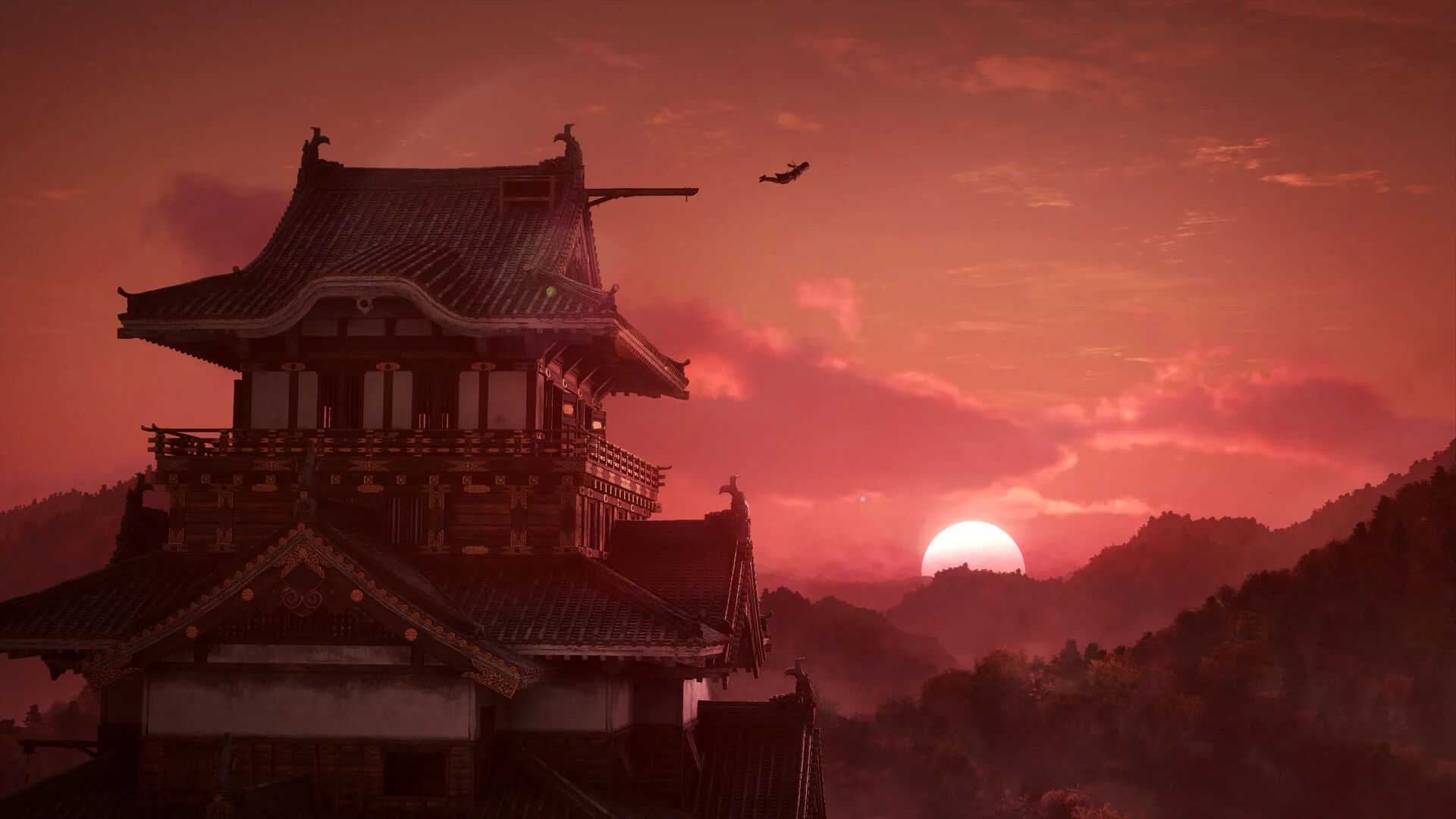 Assassin's Creed Shadows - Castillo japonés al atardecer bajo un cielo rojo - Juegosrpg.com