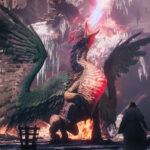 Dragon's Dogma 2 - un grifo de alas verdes rodeado de llamas junto a una figura encapuchada - Juegosrpg.com