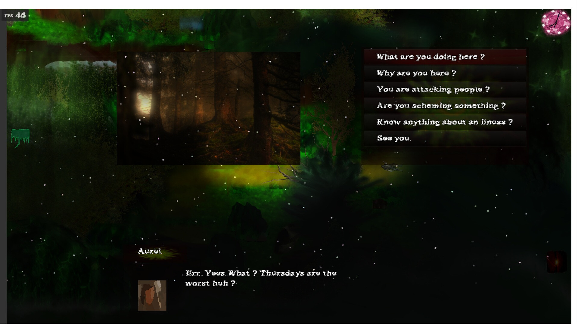 Winter Wraith - conversación con opciones de diálogo durante una escena nocturna en el bosque - Juegosrpg.com
