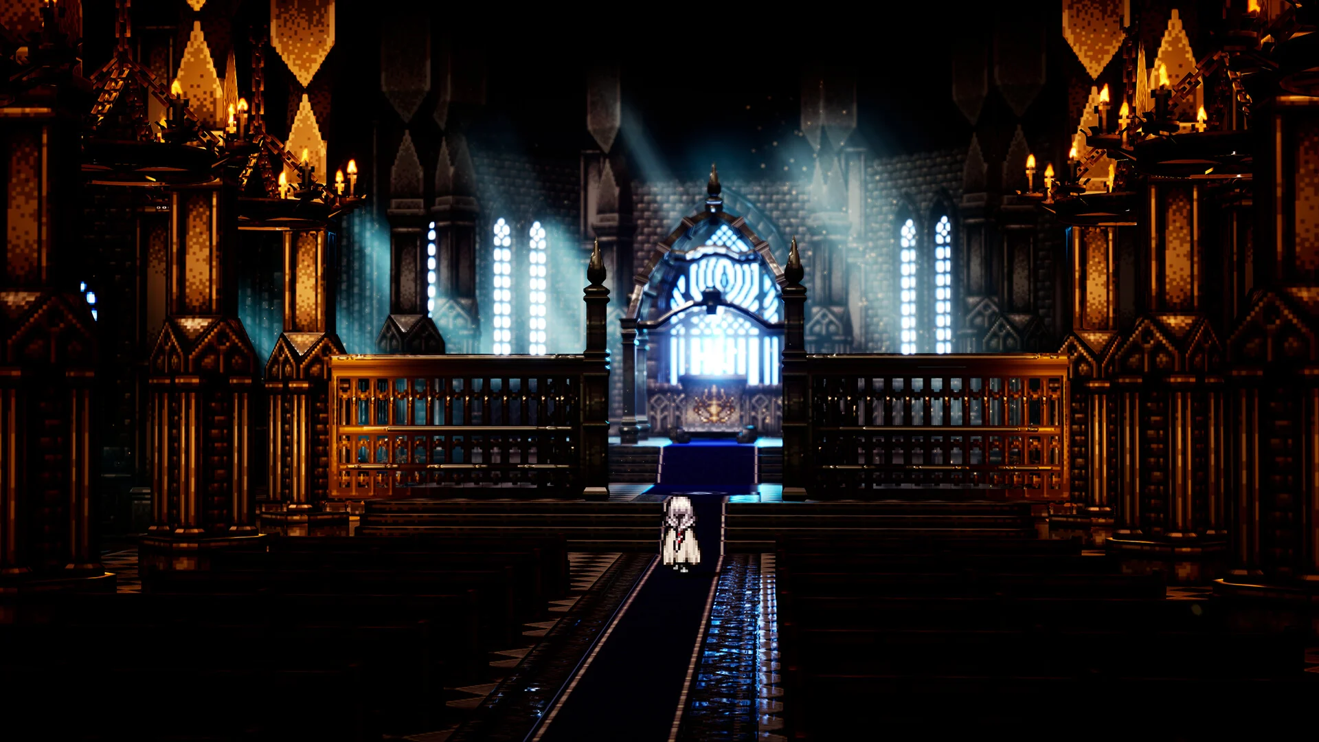 Octopath Traveler 0 - El protagonista recorriendo una catedral iluminada por vidrieras - Juegosrpg.com