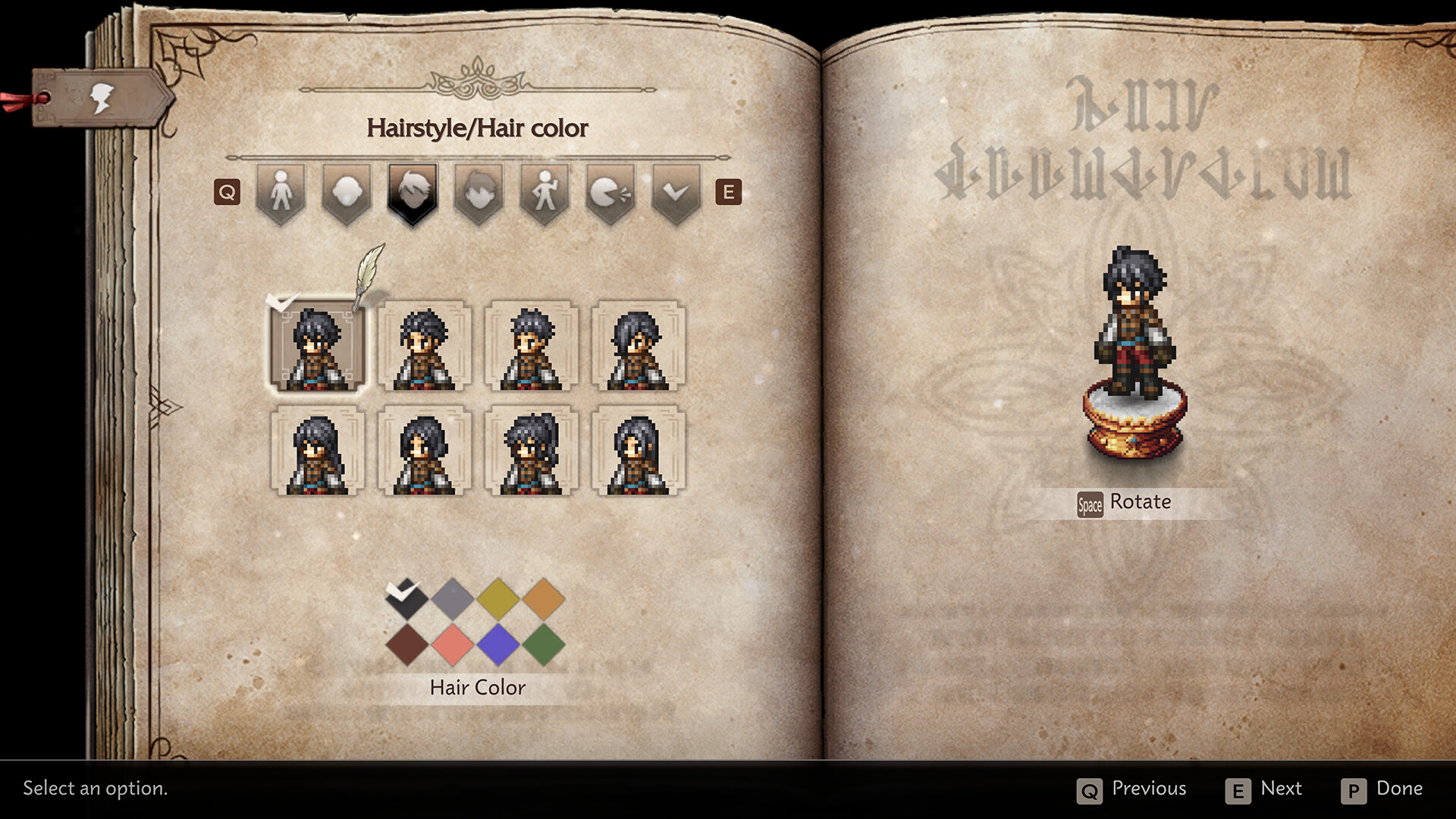 Octopath Traveler 0 - Pantalla de creación del protagonista con estilo de pelo y color - Juegosrpg.com
