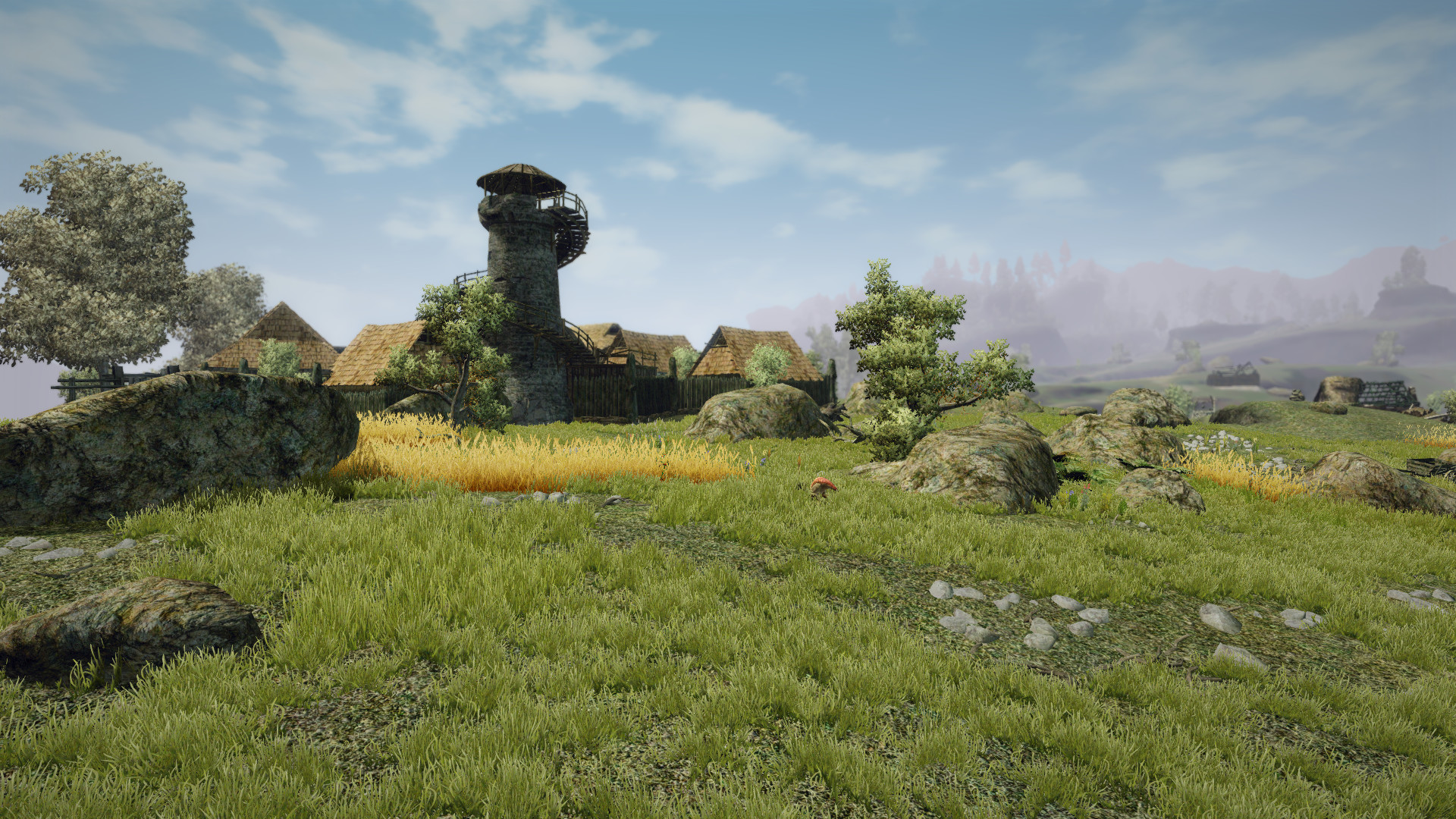 Gothic III Classic - aldea de Myrtana con su torre de vigilancia - Juegosrpg.com