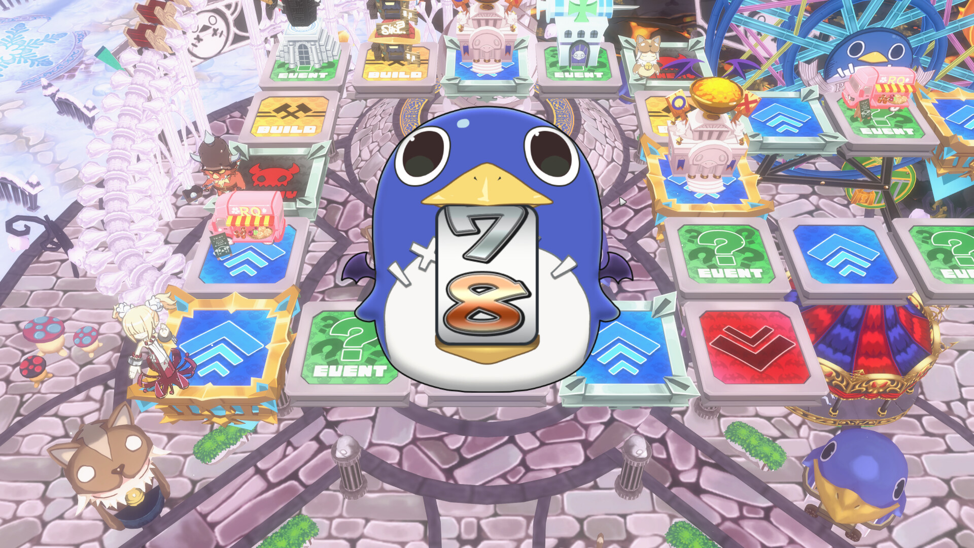 Prinny Party: Going Overboard! - un prinny en pantalla sobre el tablero de juego - Juegosrpg.com