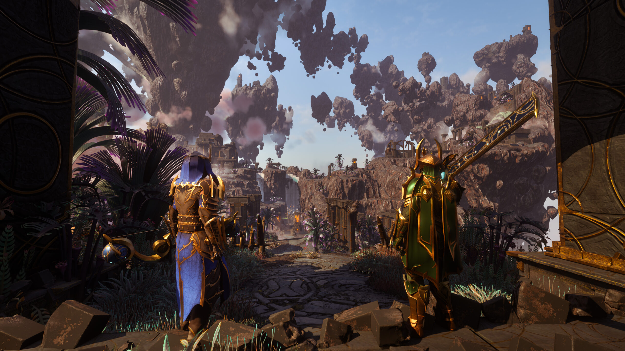 Enshrouded - dos aventureros con armadura avanzando hacia un paisaje de islas flotantes - Juegosrpg.com