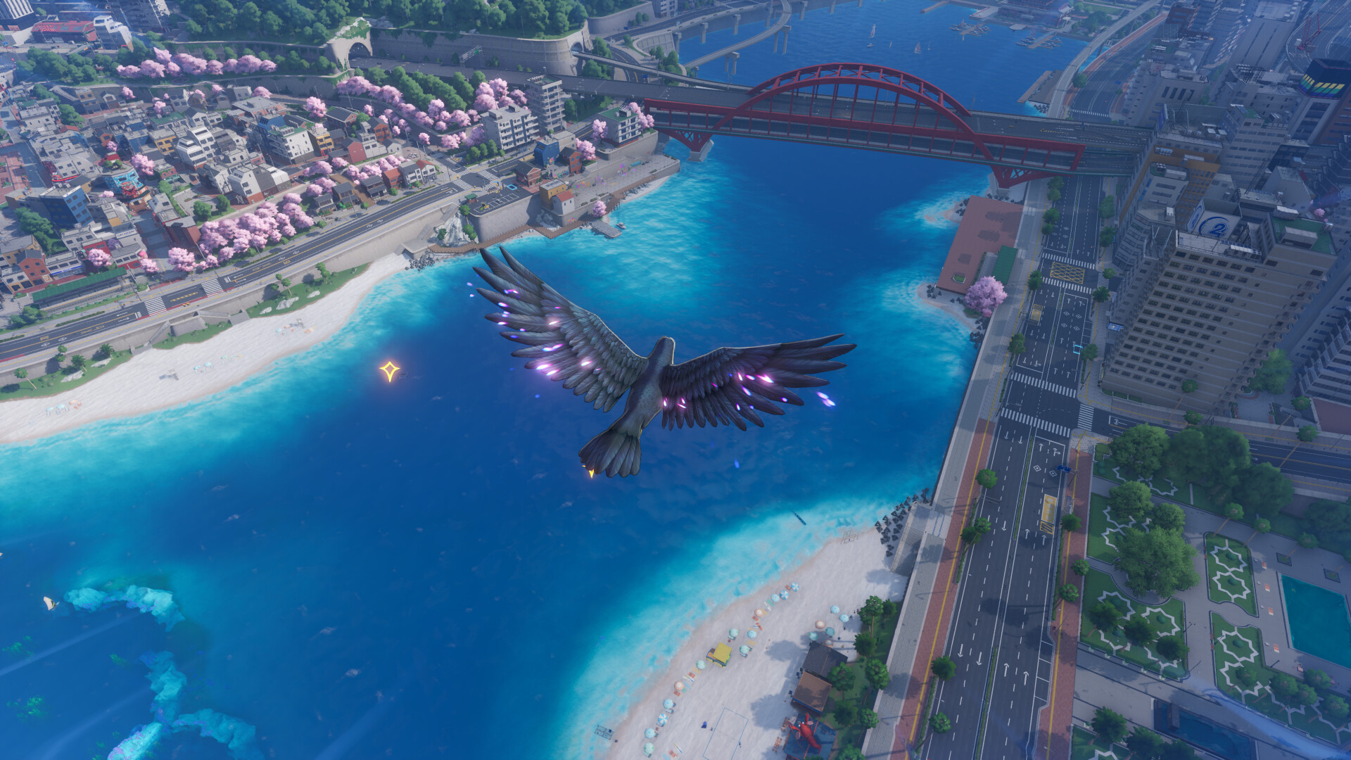 Neverness to Everness - vista aérea de la ciudad con un ave sobrevolando la bahía y el puente - Juegosrpg.com