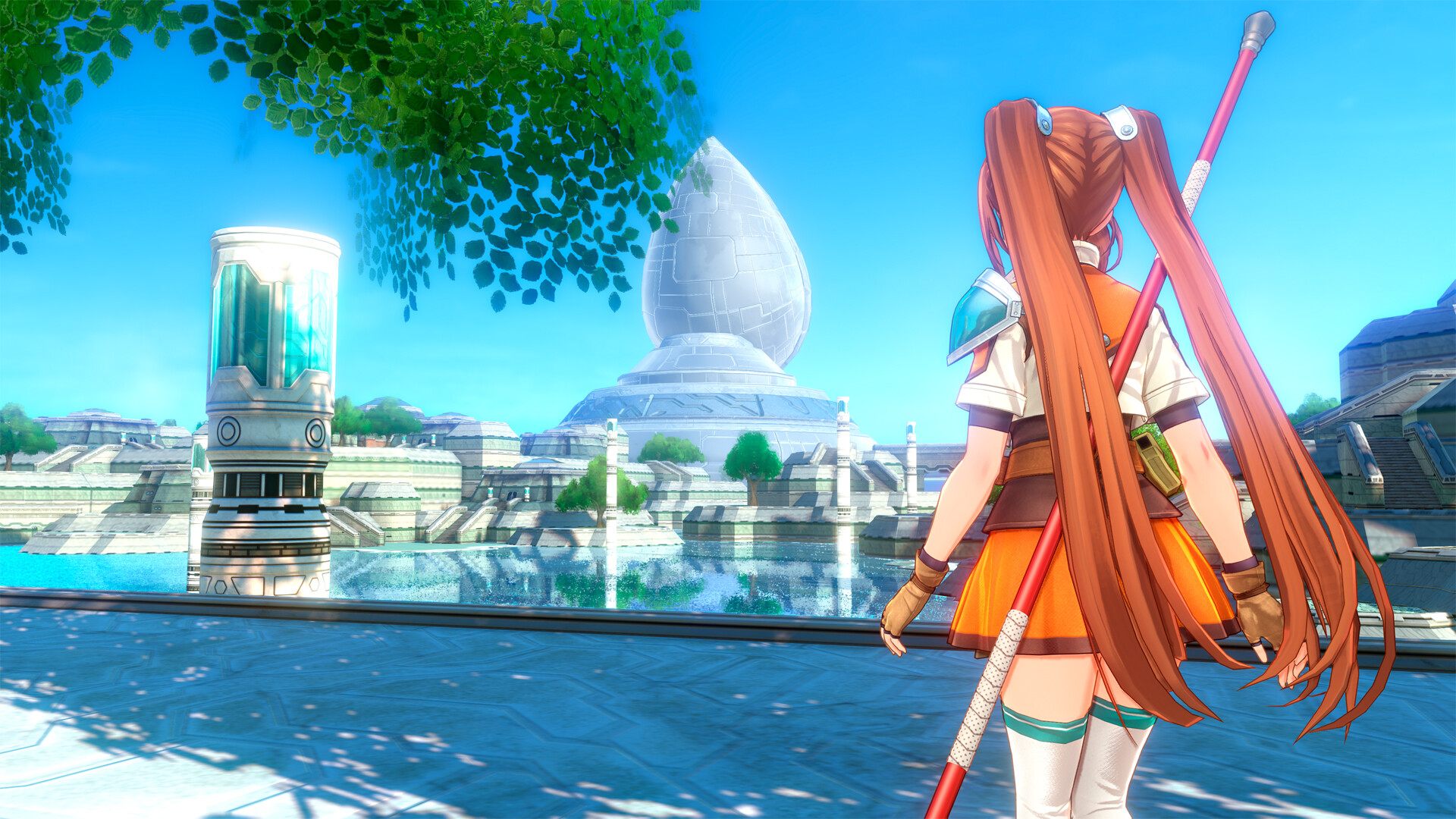 Trails in the Sky 2nd Chapter - Estelle de espaldas frente a una ciudad de Liberl bajo un cielo despejado - Juegosrpg.com